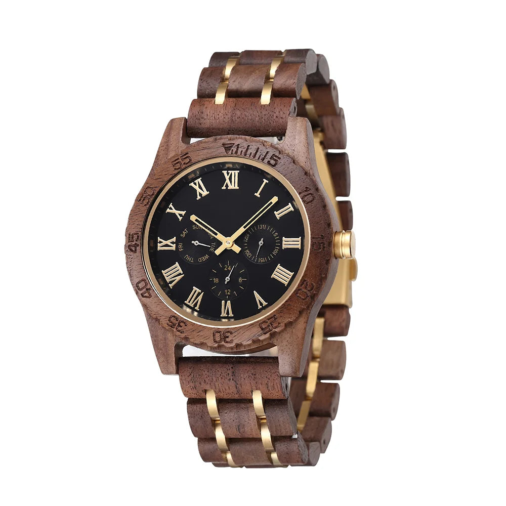 Wooden Wrist Watches For Men Fashion Quartz Wristwatches With Clock Date Week Timepieces Wood Wach Box