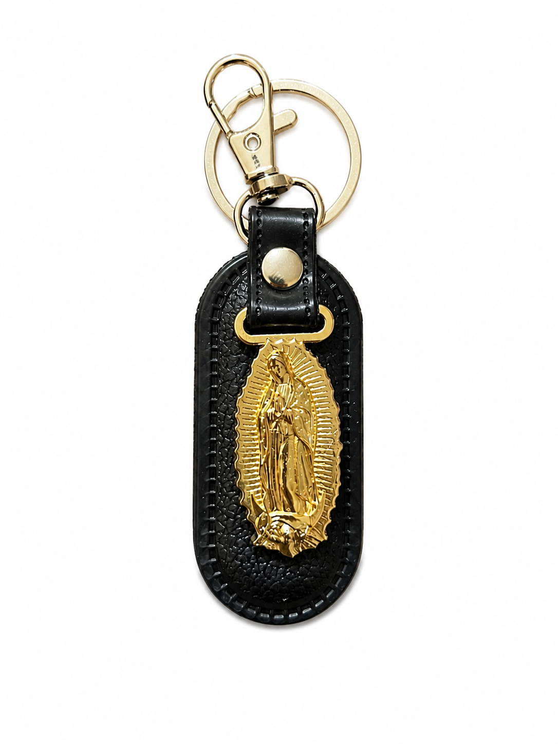 Llavero San Judas Tadeo / Virgen de Guadalupe Premium de Cuero Negro con Clip Metálico