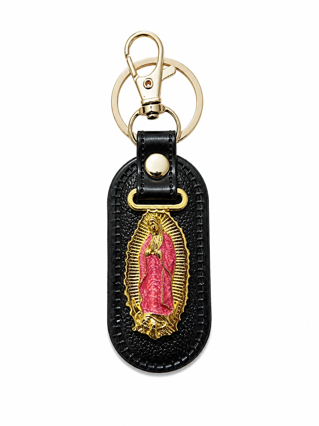 Llavero San Judas Tadeo / Virgen de Guadalupe Premium de Cuero Negro con Clip Metálico