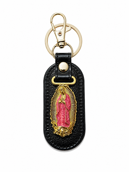 Llavero San Judas Tadeo / Virgen de Guadalupe Premium de Cuero Negro con Clip Metálico