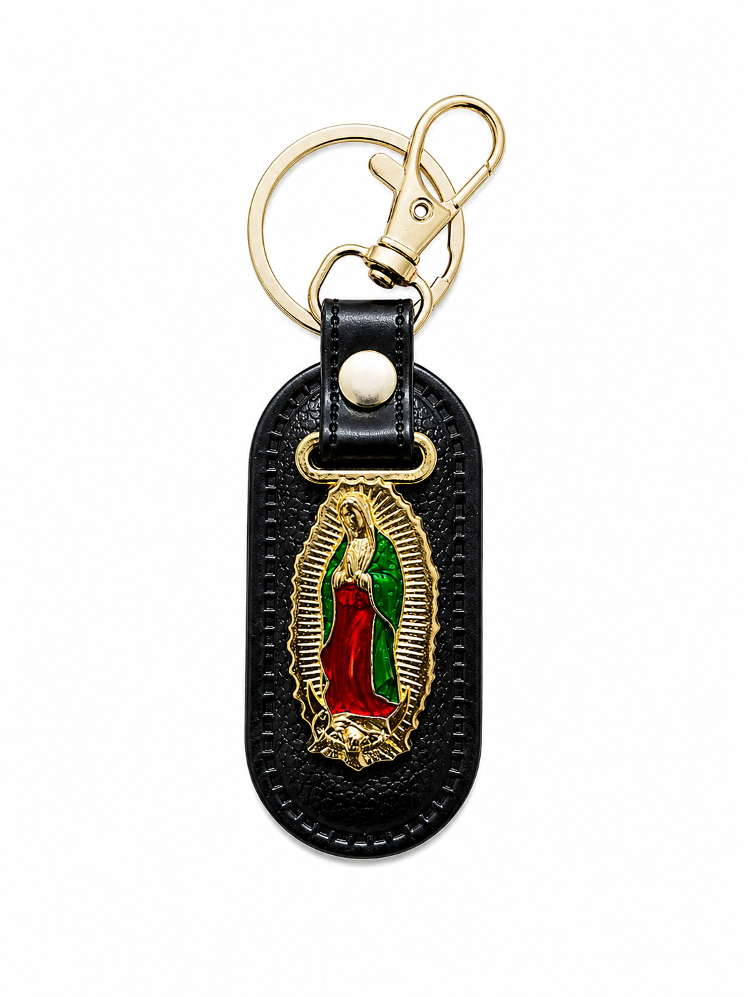 Llavero San Judas Tadeo / Virgen de Guadalupe Premium de Cuero Negro con Clip Metálico