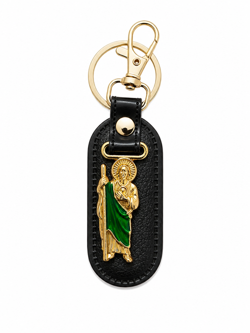 Llavero San Judas Tadeo / Virgen de Guadalupe Premium de Cuero Negro con Clip Metálico