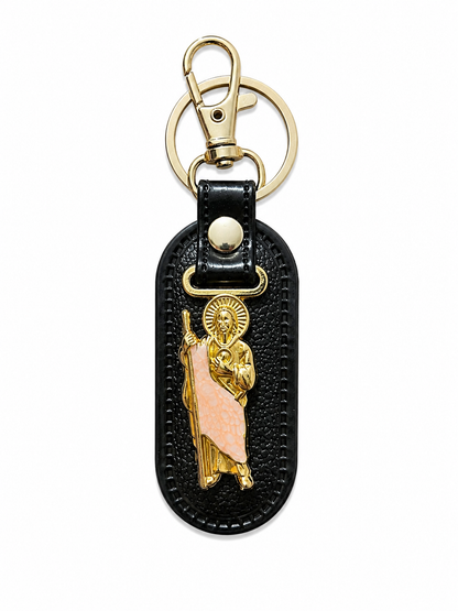 Llavero San Judas Tadeo / Virgen de Guadalupe Premium de Cuero Negro con Clip Metálico