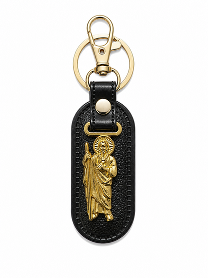 Llavero San Judas Tadeo / Virgen de Guadalupe Premium de Cuero Negro con Clip Metálico