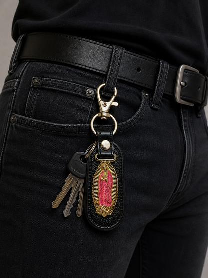 Llavero San Judas Tadeo / Virgen de Guadalupe Premium de Cuero Negro con Clip Metálico