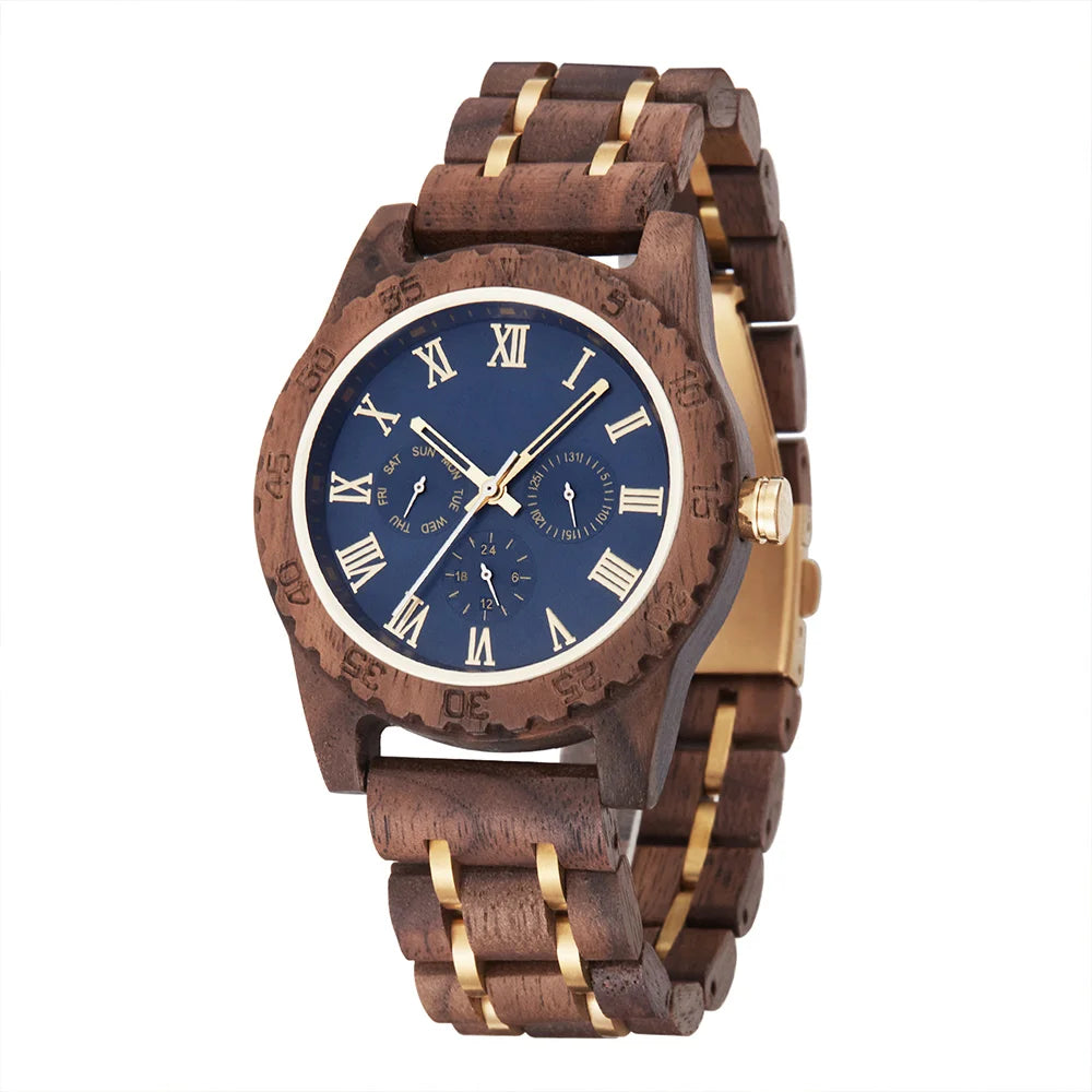 Wooden Wrist Watches For Men Fashion Quartz Wristwatches With Clock Date Week Timepieces Wood Wach Box