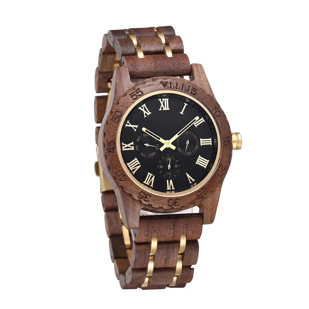 Wooden Wrist Watches For Men Fashion Quartz Wristwatches With Clock Date Week Timepieces Wood Wach Box