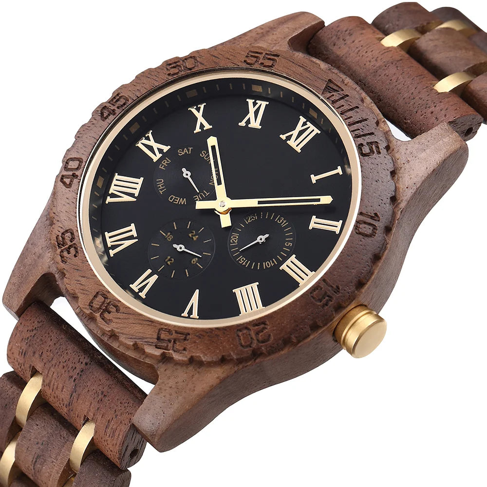 Wooden Wrist Watches For Men Fashion Quartz Wristwatches With Clock Date Week Timepieces Wood Wach Box